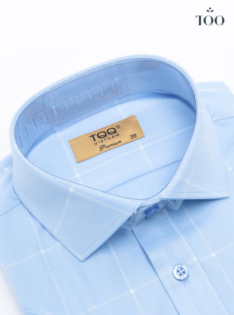 Minh họa các loại cổ áo (bẻ, trụ, cuba, button-down) và họa tiết phổ biến trên áo sơ mi nam ngắn tay.